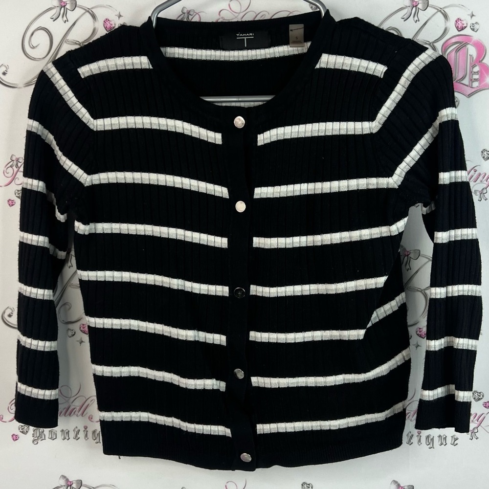 Tahari cardigan sweater button up grey Black and White Striped Cardigan